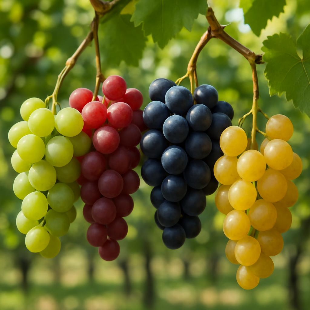 A cluster of mixed-colored grapes hanging from a vine, possibly in a vineyard. The grapes are depicted in shades of green,...