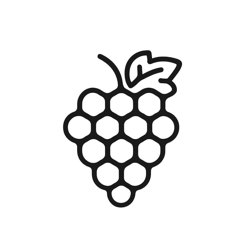 A black and grey icon of a cluster of grapes with a leaf.