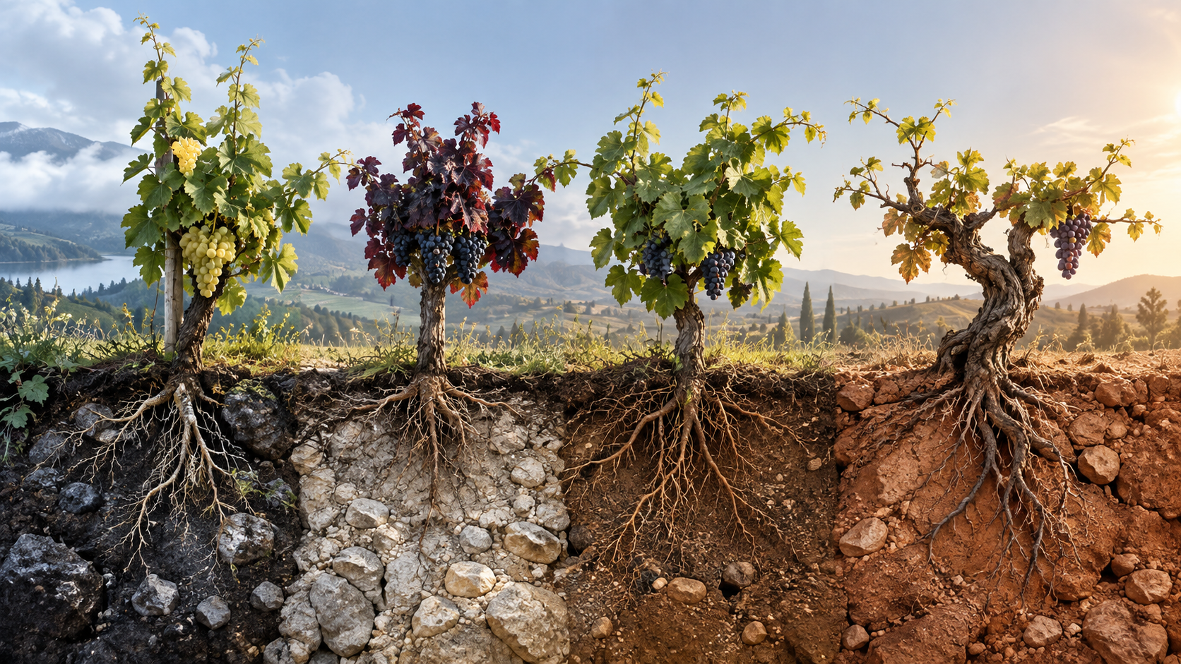 Illustration of grapevines growing under cooler, warmer and drier conditions, showing how varieties respond differently to climate.